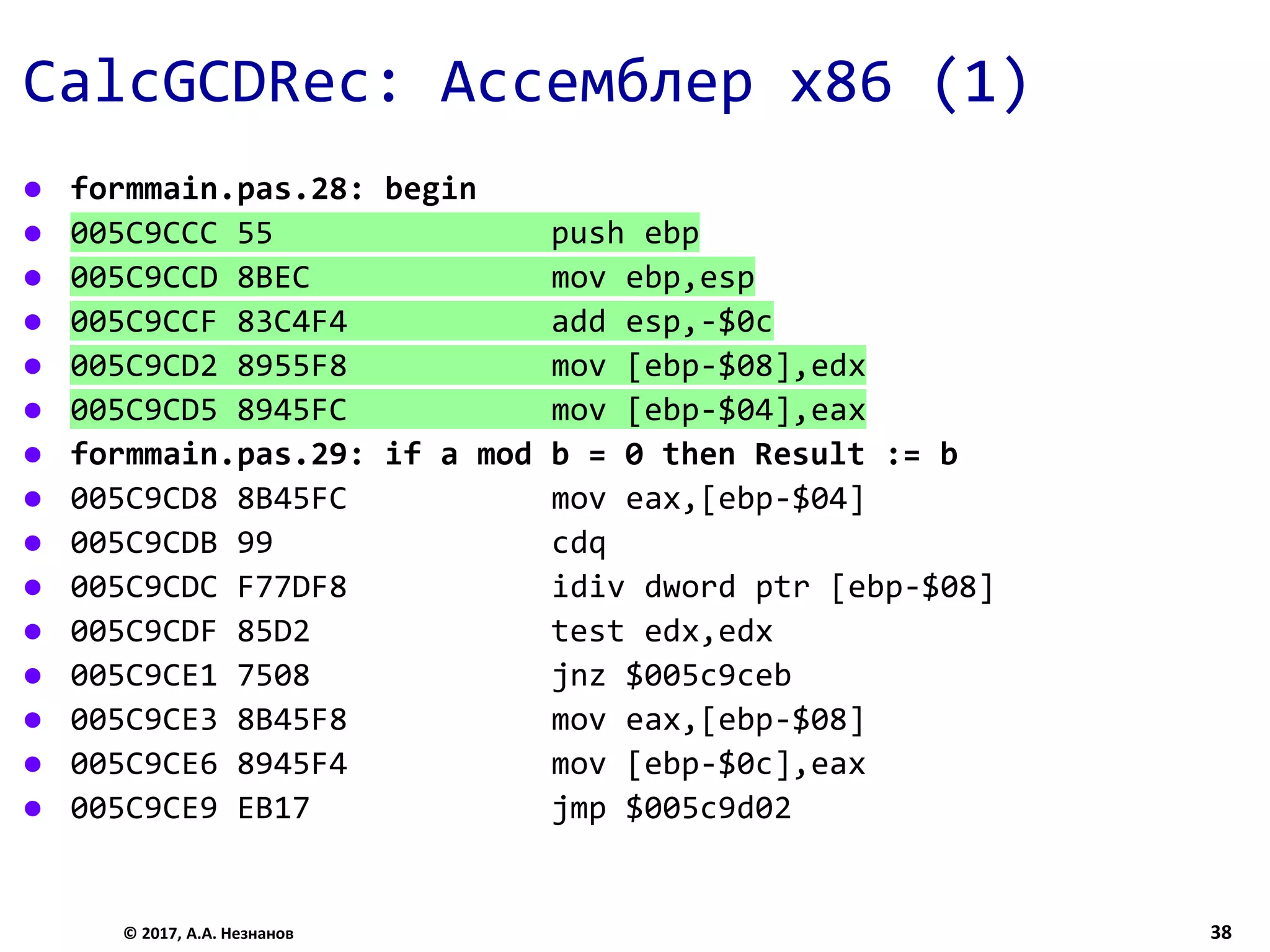 CalcGCDRec: Ассемблер x86 (1)
 formmain.pas.28: begin
 005C9CCC 55 push ebp
 005C9CCD 8BEC mov ebp,esp
 005C9CCF 83C4F4 add esp,-$0c
 005C9CD2 8955F8 mov [ebp-$08],edx
 005C9CD5 8945FC mov [ebp-$04],eax
 formmain.pas.29: if a mod b = 0 then Result := b
 005C9CD8 8B45FC mov eax,[ebp-$04]
 005C9CDB 99 cdq
 005C9CDC F77DF8 idiv dword ptr [ebp-$08]
 005C9CDF 85D2 test edx,edx
 005C9CE1 7508 jnz $005c9ceb
 005C9CE3 8B45F8 mov eax,[ebp-$08]
 005C9CE6 8945F4 mov [ebp-$0c],eax
 005C9CE9 EB17 jmp $005c9d02
© 2017, А.А. Незнанов 38
 