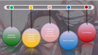 Quelques
généralités
L’IRM de la
parotide
tumorale:
technique
L’IRM de la
parotide
tumorale:
interpretation
Points à retenir
Cas cliniques
 