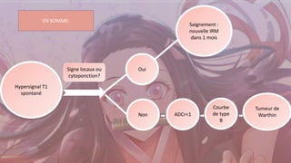 Hypersignal T1
spontané
Saignement :
nouvelle IRM
dans 1 mois
Oui
Signe locaux ou
cytoponction?
Non
Courbe
de type
B
ADCr<1
Tumeur de
Warthin
EN SOMME:
 