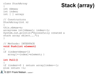 © 2011 Frank Nielsen . Lecture 1
class StackArray
{
int nbmax;
int index;
int [ ] array;
// Constructors
StackArray(int n)
{
this.nbmax=n;
array=new int[nbmax]; index=-1;
System.out.println("Succesfully created a
stack array object...");
}
// Methods: INTERFACE
void Push(int element)
{
if (index<nbmax-1)
array[++index]=element; }
int Pull()
{
if (index>=0 ) return array[index--];
else return -1;
}
Stack (array)
 