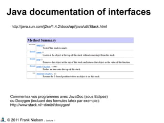 © 2011 Frank Nielsen . Lecture 1
http://java.sun.com/j2se/1.4.2/docs/api/java/util/Stack.html
Java documentation of interfaces
Commentez vos programmes avec JavaDoc (sous Eclipse)
ou Doxygen (incluant des formules latex par exemple):
http://www.stack.nl/~dimitri/doxygen/
 