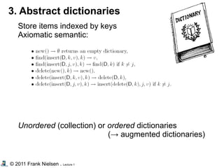 © 2011 Frank Nielsen . Lecture 1
3. Abstract dictionaries
Store items indexed by keys
Axiomatic semantic:
Unordered (collection) or ordered dictionaries
(→ augmented dictionaries)
 