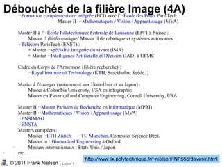 © 2011 Frank Nielsen . Lecture 1
Débouchés de la filière Image (4A)
··Formation complementaire intégrée (FCI) avec l'··École des Ponts ParisTech
Master II ··Mathématiques / Vision / Apprentissage (MVA)
Master II à l'··École Polytechnique Fédérale de Lausanne (EPFL), Suisse :
Master II d'informatique/ Master II de robotique et systèmes autonomes
··Télécom ParisTech (ENST) :
+ Master ··spécialité imagerie du vivant (IMA)
+ Master ··Intelligence Artificielle et Décision (IAD) à UPMC
Cadre du Corps de l'Armement (filière recherche) :
··Royal Institute of Technology (KTH, Stockholm, Suéde. )
Master à l'étranger (notamment aux Etats-Unis et au Japon) :
Master à Columbia University, USA en infographie
Master en Electrical and Computer Engineering, Cornell University, USA
Master II ··Master Parisien de Recherche en Informatique (MPRI)
Master II ··Mathématiques / Vision / Apprentissage (MVA)
··ENSIMAG
··ENSTA
Masters européens:
Master ··ETH Zürich ··TU Munchen, Computer Science Dept.
Master in ··Biomedical Engineering à Oxford
· Masters internationaux : États-Unis / Japon
· etc.
http://www.lix.polytechnique.fr/~nielsen/INF555/devenir.html
 