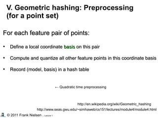 © 2011 Frank Nielsen . Lecture 1
For each feature pair of points:
For each feature pair of points:
•
• Define a local coordinate
Define a local coordinate basis
basis on this pair
on this pair
•
• Compute and quantize all other feature points in this coordinate basis
Compute and quantize all other feature points in this coordinate basis
•
• Record (model, basis) in a hash table
Record (model, basis) in a hash table
V. Geometric hashing: Preprocessing
(for a point set)
http://en.wikipedia.org/wiki/Geometric_hashing
http://www.seas.gwu.edu/~simhaweb/cs151/lectures/module4/module4.html
← Quadratic time preprocessing
 