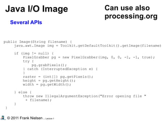 © 2011 Frank Nielsen . Lecture 1
Java I/O Image
Several APIs
public Image(String filename) {
java.awt.Image img = Toolkit.getDefaultToolkit().getImage(filename);
if (img != null) {
PixelGrabber pg = new PixelGrabber(img, 0, 0, -1, -1, true);
try {
pg.grabPixels();
} catch (InterruptedException e) {
}
raster = (int[]) pg.getPixels();
height = pg.getHeight();
width = pg.getWidth();
} else {
throw new IllegalArgumentException("Error opening file "
+ filename);
}
}
Can use also
processing.org
 