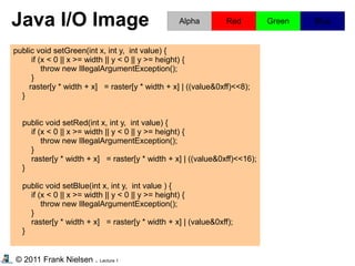 © 2011 Frank Nielsen . Lecture 1
public void setGreen(int x, int y, int value) {
if (x < 0 || x >= width || y < 0 || y >= height) {
throw new IllegalArgumentException();
}
raster[y * width + x] = raster[y * width + x] | ((value&0xff)<<8);
}
public void setRed(int x, int y, int value) {
if (x < 0 || x >= width || y < 0 || y >= height) {
throw new IllegalArgumentException();
}
raster[y * width + x] = raster[y * width + x] | ((value&0xff)<<16);
}
public void setBlue(int x, int y, int value ) {
if (x < 0 || x >= width || y < 0 || y >= height) {
throw new IllegalArgumentException();
}
raster[y * width + x] = raster[y * width + x] | (value&0xff);
}
Java I/O Image Alpha Red Green Blue
 