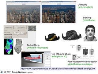 © 2011 Frank Nielsen . Lecture 1
http://www.lix.polytechnique.fr/Labo/Frank.Nielsen/INF555/HallFamePj2009/
Dehazing
(anti-brouillard)
Stippling
(pointillisme)
TextureShop
(retexturé les photos)
Face recognition/compression
(algorithmique du visage)
Out of bound photo
(effet photo 3D)
 