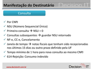 Manifestação do Destinatário
                Consulta

 Por CNPJ
 NSU (Número Sequencial Único)
 Primeira consulta  NSU = 0
 Consultas subsequentes  guardar NSU retornado
 NF-e, CC-e, Cancelamento
 Janela de tempo  notas fiscais que tenham sido recepcionadas
  nos últimos 15 dias ou outro prazo definido pela UF
 Tempo mínimo de 1 hora para nova consulta ao mesmo CNPJ
 614-Rejeição: Consumo indevido


    www.decisionit.com.br
 