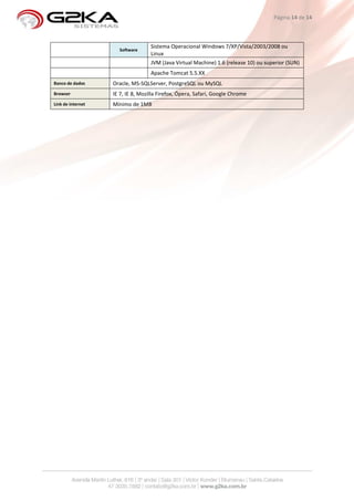 Página 14 de 14



                                   Sistema Operacional Windows 7/XP/Vista/2003/2008 ou
                     Software
                                   Linux
                                   JVM (Java Virtual Machine) 1.6 (release 10) ou superior (SUN)
                                   Apache Tomcat 5.5.XX
Banco de dados     Oracle, MS-SQLServer, PostgreSQL ou MySQL
Browser            IE 7, IE 8, Mozilla Firefox, Ópera, Safari, Google Chrome
Link de internet   Mínimo de 1MB
 