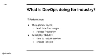 @nicolefv
What is DevOps doing for industry?
IT Performance:
● Throughput/ Speed
○ lead time for changes
○ release frequency
● Reliability/ Stability
○ time to restore service
○ change fail rate
 