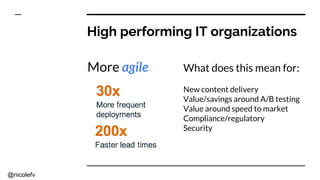 @nicolefv
High performing IT organizations
More agile What does this mean for:
New content delivery
Value/savings around A/B testing
Value around speed to market
Compliance/regulatory
Security
 