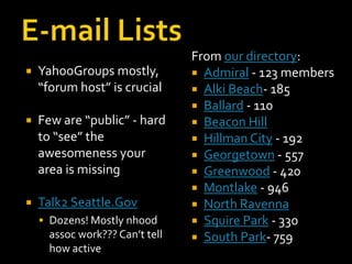 From our directory:
   YahooGroups mostly,           Admiral - 123 members
    “forum host” is crucial       Alki Beach- 185
                                  Ballard - 110
   Few are “public” - hard       Beacon Hill
    to “see” the                  Hillman City - 192
    awesomeness your              Georgetown - 557
    area is missing               Greenwood - 420
                                  Montlake - 946
   Talk2 Seattle.Gov             North Ravenna
     Dozens! Mostly nhood        Squire Park - 330
      assoc work??? Can’t tell    South Park- 759
      how active
 