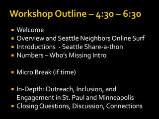    Welcome
   Overview and Seattle Neighbors Online Surf
   Introductions - Seattle Share-a-thon
   Numbers – Who’s Missing Intro

   Micro Break (if time)

   In-Depth: Outreach, Inclusion, and
    Engagement in St. Paul and Minneapolis
   Closing Questions, Discussion, Connections
 