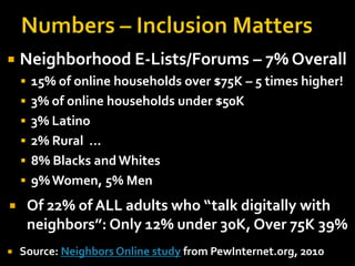    Neighborhood E-Lists/Forums – 7% Overall
     15% of online households over $75K – 5 times higher!
     3% of online households under $50K
     3% Latino
     2% Rural …
     8% Blacks and Whites
     9% Women, 5% Men

    Of 22% of ALL adults who “talk digitally with
     neighbors”: Only 12% under 30K, Over 75K 39%
   Source: Neighbors Online study from PewInternet.org, 2010
 
