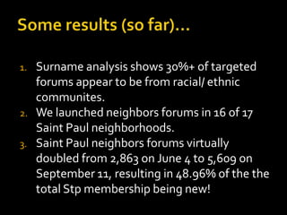 1.   Surname analysis shows 30%+ of targeted
     forums appear to be from racial/ ethnic
     communites.
2.   We launched neighbors forums in 16 of 17
     Saint Paul neighborhoods.
3.   Saint Paul neighbors forums virtually
     doubled from 2,863 on June 4 to 5,609 on
     September 11, resulting in 48.96% of the the
     total Stp membership being new!
 