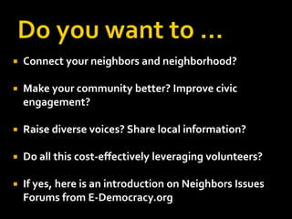Neighbors Online: Community Engagement for All Seattle Workshop