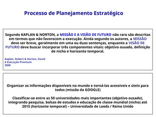 Processo de Planejamento Estratégico
Segundo KAPLAN & NORTON, a MISSÃO E A VISÃO DE FUTURO não raro são descritas
em termos que não favorecem a execução. Ainda segundo os autores, a MISSÃO
deve ser breve, geralmente em uma ou duas sentenças, enquanto a VISÃO DE
FUTURO deve buscar incorporar três componentes vitais: objetivo ousado, definição
de nicho e horizonte temporal.
Kaplan, Robert & Norton, David
A Execução Premium
2008
Organizar as informações disponíveis no mundo e torná-las acessíveis e úteis para
todos (missão da GOOGLE)
Classificar-se entre as 50 universidades mais importantes (objetivo ousado),
integrando pesquisa, bolsas de estudos e educação de classe mundial (nicho) até
2015 (horizonte temporal) – Universidade de Leeds / Reino Unido
 