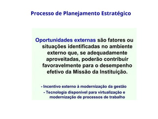Processo de Planejamento Estratégico
Oportunidades externas são fatores ou
situações identificadas no ambiente
externo que, se adequadamente
aproveitadas, poderão contribuir
favoravelmente para o desempenho
efetivo da Missão da Instituição.
- Incentivo externo à modernização da gestão
- Tecnologia disponível para virtualização e
modernização de processos de trabalho
 