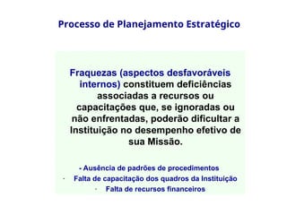 Processo de Planejamento Estratégico
Fraquezas (aspectos desfavoráveis
internos) constituem deficiências
associadas a recursos ou
capacitações que, se ignoradas ou
não enfrentadas, poderão dificultar a
Instituição no desempenho efetivo de
sua Missão.
- Ausência de padrões de procedimentos
- Falta de capacitação dos quadros da Instituição
- Falta de recursos financeiros
 