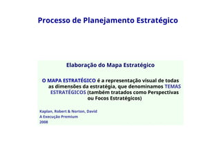 Processo de Planejamento Estratégico
Elaboração do Mapa Estratégico
O MAPA ESTRATÉGICO é a representação visual de todas
as dimensões da estratégia, que denominamos TEMAS
ESTRATÉGICOS (também tratados como Perspectivas
ou Focos Estratégicos)
Kaplan, Robert & Norton, David
A Execução Premium
2008
 