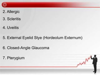 2. Allergic
3. Scleritis
4. Uveitis
5. External Eyelid Stye (Hordeolum Externum)
6. Closed-Angle Glaucoma
7. Pterygium
 