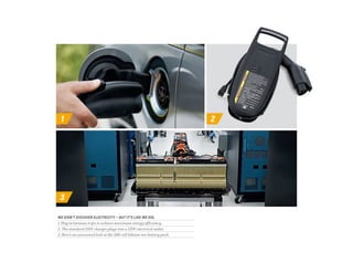 1 2
3
WE DIDN’T DISCOVER ELECTRICITY — BUT IT’S LIKE WE DID.
1. Plug in between trips to achieve maximum energy efficiency.
2. The standard 120V charger plugs into a 120V electrical outlet.
3. Here’s an uncovered look at the 288-cell lithium-ion battery pack.
 