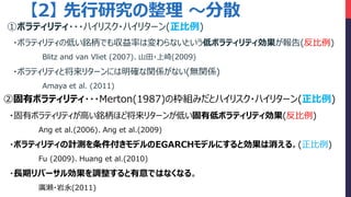 2 о ɢ
٥ܥƥƥ???ϥꥹ?ϥ꥿`()
?ܥƥƥεͤ㑱ǤⅧʤωʤȤͥܥƥƥ()
Blitz and van Vliet (2007)ɽ?(2009)
?ܥƥƥȽ꥿`ˤ_vSʤ(ovS)
Amaya et al. (2011)
ڹХܥƥƥ???Merton(1987)ΖMߤȥϥꥹ?ϥ꥿`()
?Хܥƥƥߤ㑱ۤɽ꥿`󤬵ͤеͥܥƥƥ()
Ang et al.(2006)Ang et al.(2009)
?ܥƥƥӋyǥEGARCHǥˤȄ롣()
Fu (2009)Huang et al.(2010)
?LڥЩ`넿{ǤϤʤʤ롣
V?(2011)
 