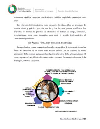 taxonomías, modelos, categorías, clasificaciones, variables, propiedades, personajes, entre
otros.
Los referentes teórico-prácticos, como su nombre lo indica, deben ser abordados de
manera teórica y práctica; por ello, son las y los docentes quienes planificarán los
proyectos, los talleres, las prácticas de laboratorio, los trabajos de campo, seminarios,
investigaciones, entre otras estrategias, para darle el sentido teórico-práctico al
conocimiento permanente.
Las Áreas de Formación y Los Énfasis Curriculares
Para profundizar en este proceso transformador, se considero de importancia tomar las
Áreas de formación en los cuales debe hacerse énfasis en un conjunto de temas
generadores de las mismas, que desarrollen el potencial creativo de las y los estudiantes. El
punto es priorizar los tejidos temáticos necesarios con mayor fuerza desde el empleo de la
estrategias, didáctica y acciones.
Dirección General de Currículo 2022
 