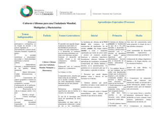 Culturas e Idiomas para una Ciudadanía Mundial,
Multipolar y Pluricéntrica
Aprendizajes Esperados (Procesos)
Temas
Indispensables
Énfasis Temas Generadores Inicial Primaria Media
1. Democracia
participativa y protagónica, en
un Estado de derecho y de
justicia. Igualdad, no
Discriminación y justicia social.
Derechos humanos. Equidad de
género
2. La sociedad
multiétnica y pluricultural,
diversidad e interculturalidad,
patrimonio y creación
cultural
3. Independencia,
soberanía y autodeterminación
de los pueblos. Mundo
multipolar.
4. Ideario bolivariano.
Unidad latinoamericana y
caribeña
5. Conocimiento del
espacio geográfico e historia de
Venezuela. Procesos
económicos y sociales.
Conformación de la población.
Las familias y comunidades
6. Preservación de la
vida en el planeta, salud y vivir
bien
7. Petróleo y energía
8. Ciencia, tecnología
e innovación
9. Adolescencia y
juventud. Sexualidad
responsable y placentera.
Educación vial
Culturas e Idiomas
para una Ciudadanía
Mundial, Multipolar y
Pluricéntrica
El aprender una segunda lengua
Aumenta la creatividad y la
flexibilidad de pensamiento.
Ayuda a ser más comunicativo
y a desarrollar la confianza
necesaria para enfrentarse con
éxito a las relaciones sociales.
Estimula el desarrollo del
cerebro. Ayuda a ser más
comprensivo, tolerante y
respetuoso.
Interacción oral en contextos
educativos y comunitarios.
La Cultura y el Arte.
Comprender textos sencillos que
traten temas de uso habitual
en la escuela o trabajo, culturas
así como descripciones simples
haciendo uso de otros idiomas
contextualizados.
Referencias temporales
significativas para la familia, la
escuela y la comunidad.
El uso de la tecnología para
inicio del aprendizaje de otros
idiomas.
Intercambio de ideas sobre la
alimentación tradicional y actual
de las y los venezolanos,
La enseñanza de idiomas en el Nivel
Inicial debe centrarse en la
construcción de significados. En tal
sentido, enseñar una lengua implica
enseñar a crear e interpretar
significados por medio de textos orales
y escritos en contextos sociales,
históricos y culturales específicos.
Inicialmente, debemos fomentar el
aprendizaje de vocabulario, escuchando
(comprensión del idioma hablado) y
discurso en la (pronunciación). La
gramática no es necesaria para que el
niño empiece a aprender un idioma.
1. Reconoce por sonido algunas
palabras cortas y básicas, de uso
frecuente en el idioma.
2. Deletrea palabras que puede
identificar con apoyo visual, pueden ser
nombres de cosas o acciones.
3. Ofrece respuestas cortas, a menudo
monosilábicas, para indicar que
entiende lo que dicen los demás.
El dominio de idiomas en
primaria es fundamental
ya que, las y los niños
aprenden a desarrollar la
escritura y perfeccionan su
expresión oral y su
escucha, un aprendizaje
que puede parecer
superficial, pero es
absolutamente necesario
para el desarrollo de un
mundo pluricultural y
multiétnico.
1. Usa palabras básicas y
de uso cotidiano con las
cuales está familiarizado,
siempre que se pronuncien
despacio y con claridad 2.
Comprende nombres de
personas y objetos, así
como oraciones muy
cortas de uso frecuente.
3. Puede interactuar en una
conversación con
respuestas cortas, incluso
hacer preguntas básicas.
4. Sabe decir frases
sencillas y de uso
frecuente, como saludar,
despedirse o pedir algo
5. Escribe palabras básicas
relacionadas con sus
Esta área del conocimiento tiene
como propósito el estudio de uno o
más idiomas extranjeros
como oportunidad de desarrollar
habilidades cognoscitivas y
comunicacionales que permitan la
comprensión de códigos lingüísticos
distintos a la lengua materna, con
los elementos fonéticos
propios de cada idioma. La
comprensión y producción.
1. Comunicarse en situaciones
básicas que requieren una
interacción simple, ya sea para dar o
recibir información, saludar o hacer
preguntas cortas, pero sin mantener
una conversación.
1.2. Leer textos breves y sencillos.
Identificar información básica y
predecible en textos comunes como
anuncios publicitarios, menús,
señalamientos de tránsito, etc.
2. Comunicarse en situaciones
 