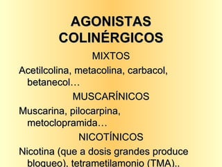 AGONISTAS COLINÉRGICOS MIXTOS Acetilcolina, metacolina, carbacol, betanecol… MUSCARÍNICOS Muscarina, pilocarpina, metoclopramida… NICOTÍNICOS Nicotina (que a dosis grandes produce bloqueo), tetrametilamonio (TMA).. 