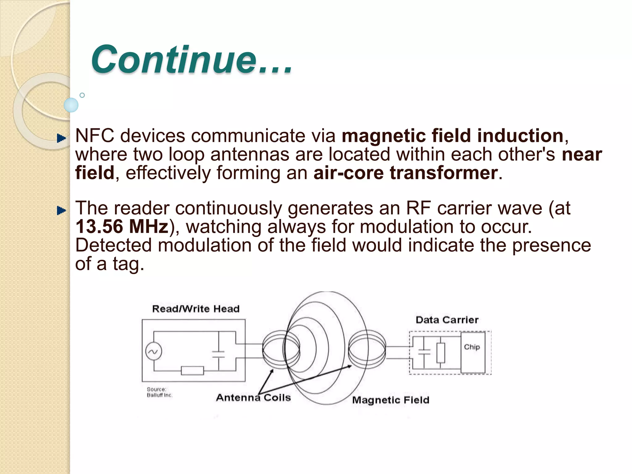 Continue… 
NFC devices communicate via magnetic field induction, 
where two loop antennas are located within each other's near 
field, effectively forming an air-core transformer. 
The reader continuously generates an RF carrier wave (at 
13.56 MHz), watching always for modulation to occur. 
Detected modulation of the field would indicate the presence 
of a tag. 
 
