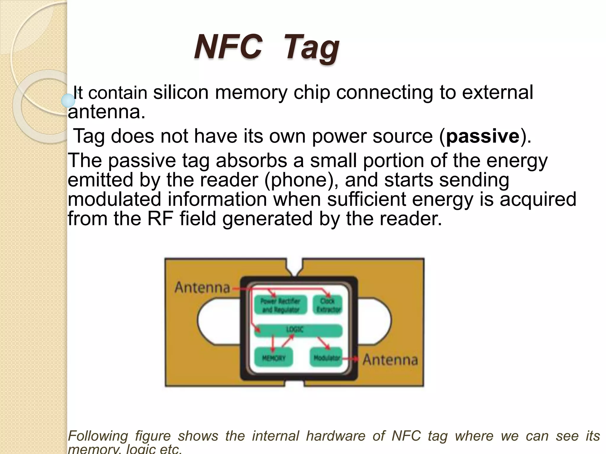 NFC Tag 
It contain silicon memory chip connecting to external 
antenna. 
Tag does not have its own power source (passive). 
The passive tag absorbs a small portion of the energy 
emitted by the reader (phone), and starts sending 
modulated information when sufficient energy is acquired 
from the RF field generated by the reader. 
Following figure shows the internal hardware of NFC tag where we can see its 
memory, logic etc. 
 