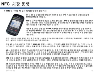 2010-11-02 13
NFC 시장 동향
KT 는 13 일 삼성전자와 함께 기자간담회를 갖고 NFC 기술을 적용한 단말기 ( 모델명
SHW-A170K) 를 선보였다 .
NFC 는 근거리 무선통신 기술로 모바일 결제 기능 , RFID 를 활용한 사물식별 및 정보 기록기
능 , 근거리 데이터통신 기능을 지원한다 . 통신과 타 산업과 연계된 사업모델을 개발하는데
있어 꼭 필요한 차세대 핵심기술이다 .( 중략 )
이번에 출시하는 단말기는 GSMA( 세계이동통신사업자연합회 ) 의 모바일 결제 프로젝트
인 'Pay-Buy–Mobile' 표준 가이드에 따라 개발한 것으로 현재 KT 가 제공하는 쇼터치 서비
스처럼 탑재된 애플리케이션을 통해 신용카드와 멤버십 쿠폰을 저장하는 복합 결제기능을
제공한다 .
또한 , 티머니 선불교통카드 충전 및 잔액조회 , 스페셜 카드 ( 롯데 상품권카드 ) 잔액조회 , 도어락 제어 , 원터치 전화
걸기 , RF 쿠폰 다운로드등의 추가적인 서비스를 지원한다 .
현재 KT 쇼터치 서비스의 가맹점인 GS25, GS 칼텍스 , 티머니 , 롯데마트 , SPC 계열 프랜차이즈점 ( 던킨도너츠 , 베
스킨라빈스 , 파리바게뜨 ) 등에서 결제 용도로 이용할 수수 있으며 , 롯데 스페셜 카드의 잔액조회가 가능하다 .( 중략 )
KT 는 우선 결제와 교통카드 기능을 중심으로 서비스를 제공하고 , 향후 단말기 확산에 따라 활용도를 높여 나갈 방침이
다 . 중장기적으로는 인터넷전화 단말기 , 셋톱 박스 등 가정 내의 여러 단말과 제휴 사업자의 자판기 , 무인정보단말기
에 NFC 를 장착해 핸드폰과의 다양한 정보교환 및 신용결제를 연동할 계획이다 . ( 중략 )
NFC 폰을 사용하기 위해서는 단말기를 구입하고 NFC USIM 을 장착해 개통하면 된다 . NFC SIM 의 가격은 기존의 금융
- 통신기능을 제공하는 금융 USIM 과 비슷한 수준이다 . KT 는 NFC 단말기를 이달 말부터 시중에서 판매할 예정이다 .
KT 개인고객전략본부장 양현미 전무는 "NFC 의 보급 확대에 따라 향후 금융 , 유통 , 가전 등 산업간 컨버전스 트렌드
가 가속화 할 것 " 이라며 "KT 는 앞으로도 안드로이드 스마트폰 등 추가적인 NFC 단말 라인업 확보 및 우수 제휴 파트
너 발굴을 통해 상호 Win-Win 할 수 있는 컨버전스 사업모델을 지속적으로 발굴 할 계획 " 이라고 밝혔다 .
2010 년 10 월 13 일자 디지털 데일리 신문기사
 