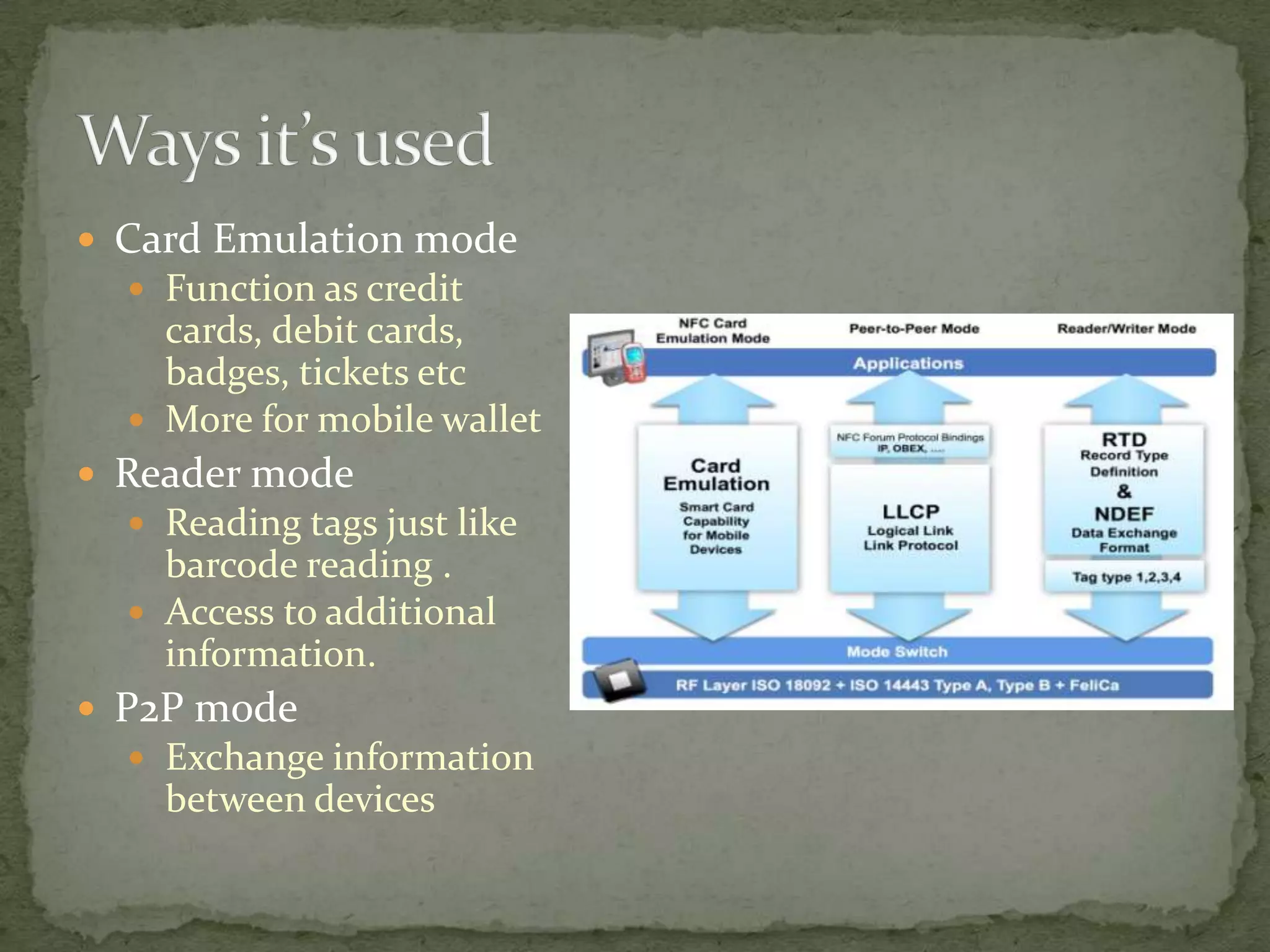  Card Emulation mode
   Function as credit
    cards, debit cards,
    badges, tickets etc
   More for mobile wallet
 Reader mode
   Reading tags just like
    barcode reading .
   Access to additional
    information.
 P2P mode
   Exchange information
    between devices
 