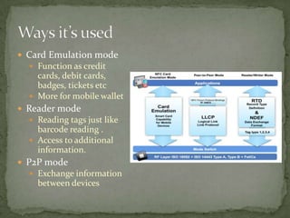  Card Emulation mode
   Function as credit
    cards, debit cards,
    badges, tickets etc
   More for mobile wallet
 Reader mode
   Reading tags just like
    barcode reading .
   Access to additional
    information.
 P2P mode
   Exchange information
    between devices
 