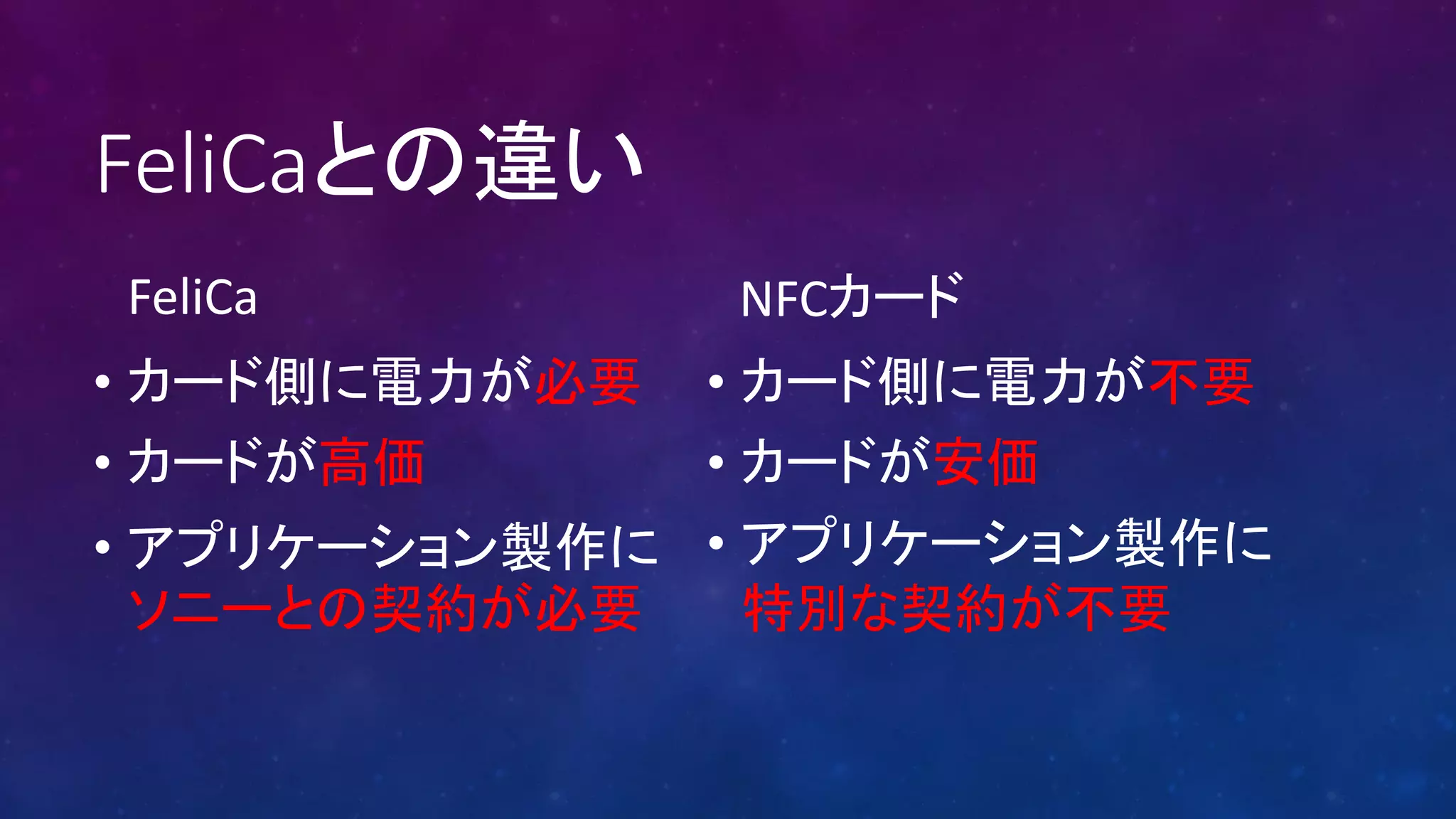 FeliCaとの違い
FeliCa
• カード側に電力が必要
• カードが高価
• アプリケーション製作に
ソニーとの契約が必要
NFCカード
• カード側に電力が不要
• カードが安価
• アプリケーション製作に
特別な契約が不要
 