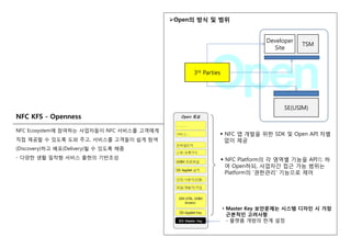 Open의 방식 및 범위
D l
TSM
Developer
Site
3rd Parties
NFC KFS - Openness
SE(USIM)
NFC Ecosystem에 참여하는 사업자들이 NFC 서비스를 고객에게
직접 제공할 수 있도록 도와 주고, 서비스를 고객들이 쉽게 탐색
(Discovery)하고 배포(Delivery)될 수 있도록 해줌
NFC 앱 개발을 위한 SDK 및 Open API 차별
없이 제공
- 다양한 생활 밀착형 서비스 출현의 기반조성 NFC Platform의 각 영역별 기능을 API化 하
여 Open하되, 사업자간 접근 가능 범위는
Platform의 ‘권한관리’ 기능으로 제어
• Master Key 보안문제는 시스템 디자인 시 가장• Master Key 보안문제는 시스템 디자인 시 가장
근본적인 고려사항
- 플랫폼 개방의 한계 설정
 