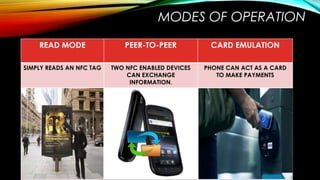 MODES OF OPERATION
READ MODE PEER-TO-PEER CARD EMULATION
SIMPLY READS AN NFC TAG TWO NFC ENABLED DEVICES
CAN EXCHANGE
INFORMATION.
PHONE CAN ACT AS A CARD
TO MAKE PAYMENTS
 