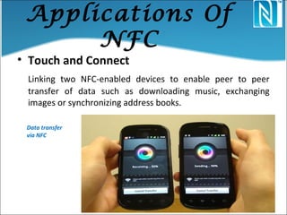 Applications Of
NFC
• Touch and Connect
Linking two NFC-enabled devices to enable peer to peer
transfer of data such as downloading music, exchanging
images or synchronizing address books.
Data transfer
via NFC
 
