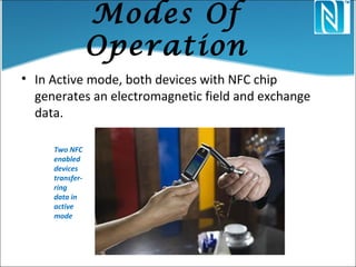 Modes Of
Operation
• In Active mode, both devices with NFC chip
generates an electromagnetic field and exchange
data.
Two NFC
enabled
devices
transfer-
ring
data in
active
mode
 