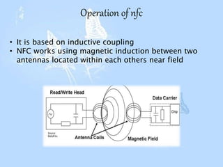 Operation of nfc
• It is based on inductive coupling
• NFC works using magnetic induction between two
antennas located within each others near field
 