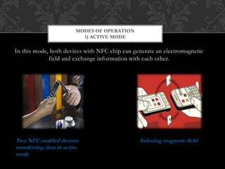 In this mode, both devices with NFC chip can generate an electromagnetic
field and exchange information with each other.
MODES OF OPERATION
1) ACTIVE MODE
Two NFC enabled devices
transferring data in active
mode
Inducing magnetic field
 