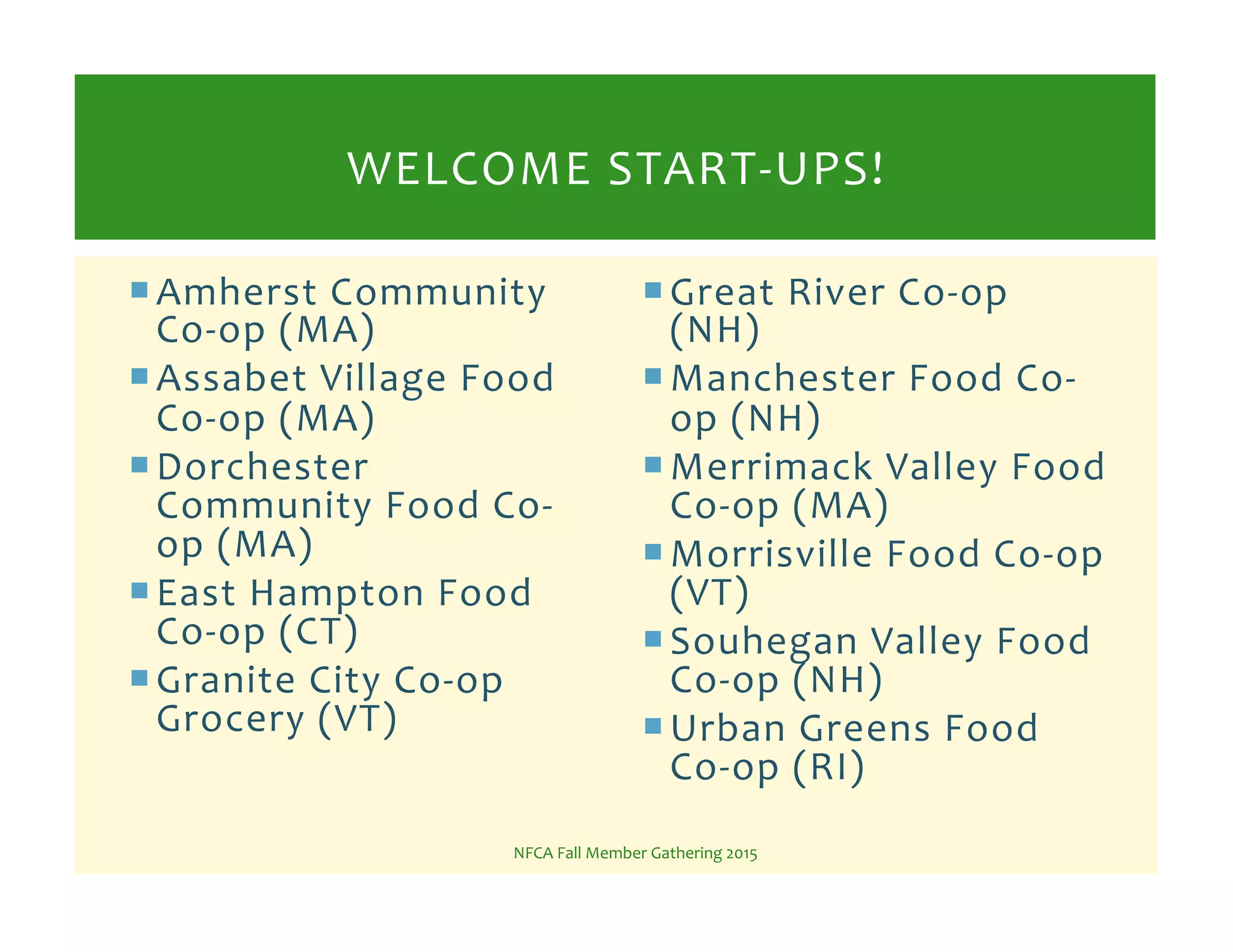 ! Amherst%Community%
CoKop%(MA)%
! Assabet%Village%Food%
CoKop%(MA)%
! Dorchester%
Community%Food%CoK
op%(MA)%
! East%Hampton%Food%
CoKop%(CT)%
! Granite%City%CoKop%
Grocery%(VT)%
! Great%River%CoKop%
(NH)%
! Manchester%Food%CoK
op%(NH)%
! Merrimack%Valley%Food%
CoKop%(MA)%
! Morrisville%Food%CoKop%
(VT)%
! Souhegan%Valley%Food%
CoKop%(NH)%
! Urban%Greens%Food%
CoKop%(RI)%
NFCA%Fall%Member%Gathering%2015%
WELCOME%STARTKUPS!%
 