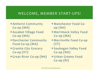 ! Amherst	
  Community	
  
Co-­‐op	
  (MA)	
  
! Assabet	
  Village	
  Food	
  
Co-­‐op	
  (MA)	
  
! Dorchester	
  Commun...