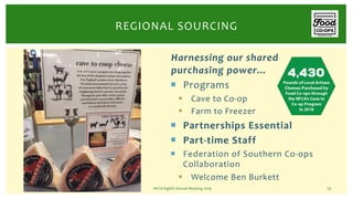 Harnessing our shared
purchasing power…
¡ Programs
§ Cave to Co-op
§ Farm to Freezer
¡ Partnerships Essential
¡ Part-time ...