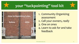 NFCA Startup Day 2020 10
your “tuckpointing” tool kit
1. Community Organizing
assessment
2. Call your owners, really
3. One on ones
4. Learn to ask for and take
feedback
 