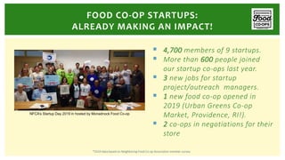  4,700 members of 9 startups.
 More than 600 people joined
our startup co-ops last year.
 3 new jobs for startup
project/outreach managers.
 1 new food co-op opened in
2019 (Urban Greens Co-op
Market, Providence, RI!).
 2 co-ops in negotiations for their
store
*2019 data based on Neighboring Food Co-op Association member survey.
FOOD CO-OP STARTUPS:
ALREADY MAKING AN IMPACT!
NFCA’s Startup Day 2019 in hosted by Monadnock Food Co-op
 
