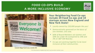 Your Neighboring Food Co-ops
include 29 Food Co-ops and 10
startups across New England and
New York State!
 Locally-owned by 150,000 people like you!
 Democratically governed on the basis of
one member, one vote.
 60% of Board Members are women and
50% are under 45 (compared to 19% and
3% on S&P 500 Boards).
 Co-ops are working together to be more
inclusive of their communities.
*2019 data based on Neighboring Food Co-op Association member survey.
FOOD CO-OPS BUILD
A MORE INCLUSIVE ECONOMY
Leverett Village Food Co-op, Leverett, MA
 