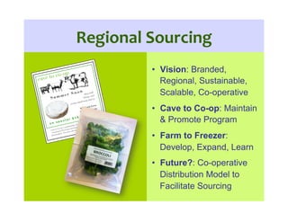 Regional	
  Sourcing	
  
•  Vision: Branded,
Regional, Sustainable,
Scalable, Co-operative
•  Cave to Co-op: Maintain
& Pr...