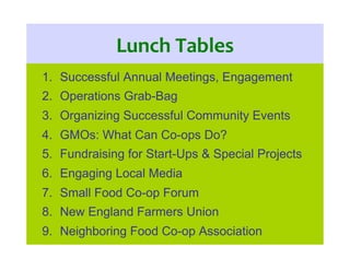 Lunch	
  Tables	
  
1.  Successful Annual Meetings, Engagement
2.  Operations Grab-Bag
3.  Organizing Successful Community...